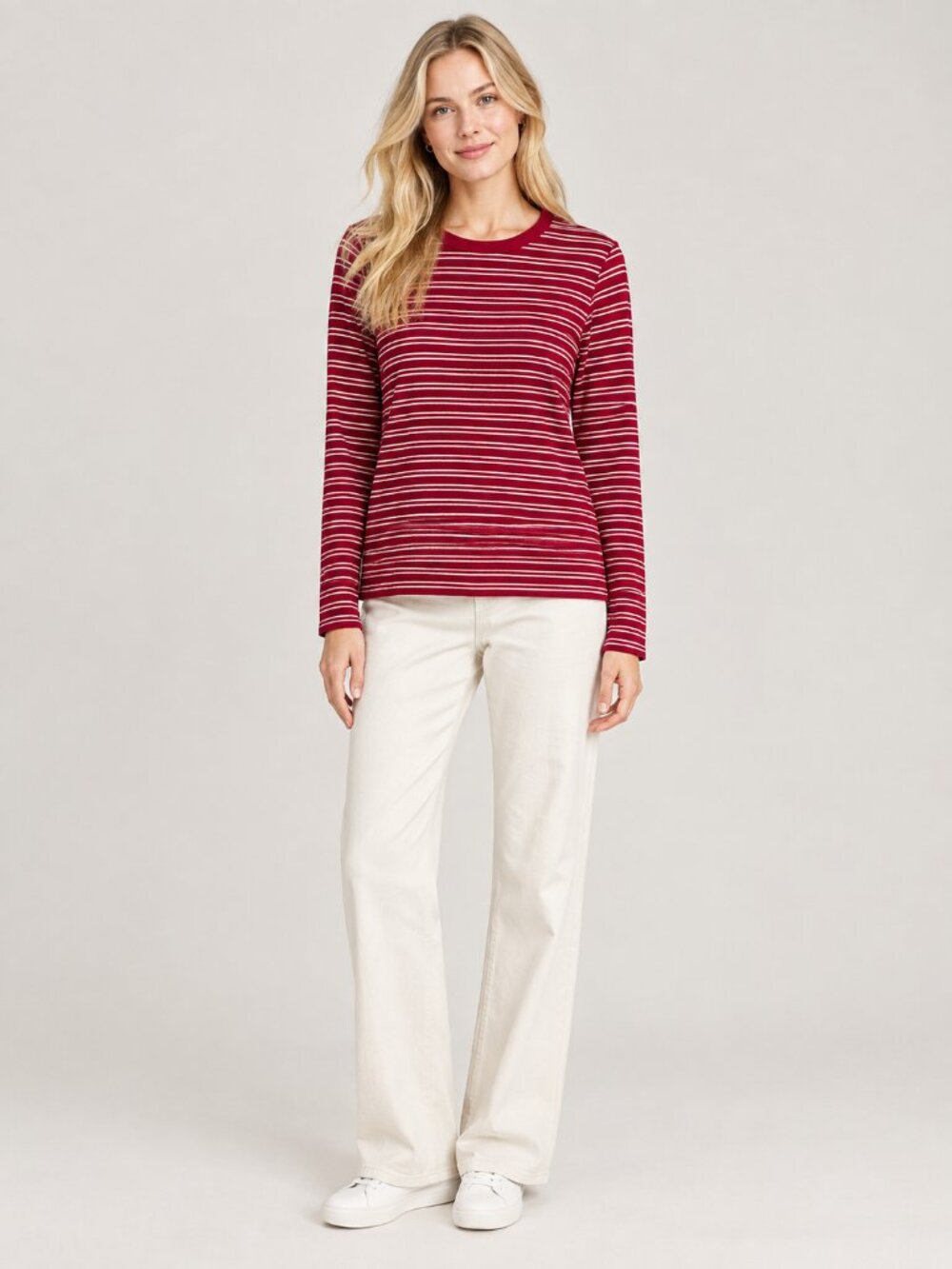 2/$30 Lands' End Striped Crew Neck Sweater Red White Small #A4994
